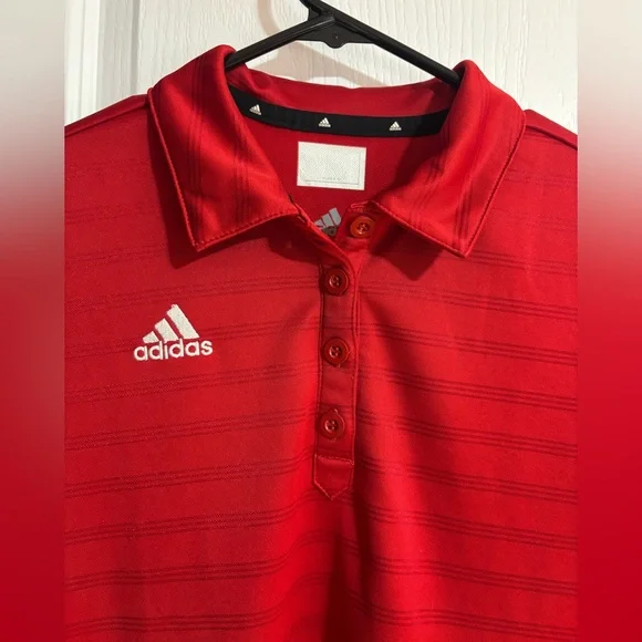 Men’s Adidas Striped Collared Embroidered Logo Red Polo Short Sleeve Top Medium - Picture 3 of 7